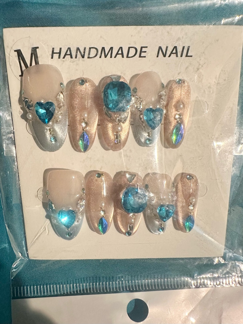 Handmade Jewel Accent Press-On Nails with Blue Gems